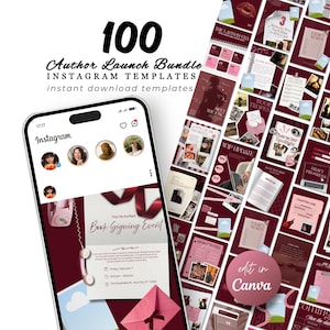 Puede incluir: Imagen de marketing digital que presenta un teléfono inteligente que muestra una plantilla de Instagram para un evento de firma de libros. La imagen también muestra una colección de 100 plantillas de Instagram en borgoña y blanco, diseñadas para autores. El texto dice "Author Launch Bundle".