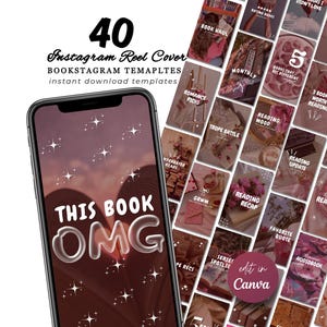 May include: A smartphone displays a bookstagram template with the text "THIS BOOK OMG" and star graphics. The image showcases 40 Instagram Reel Cover templates, including "Book Haul," "Romance Picks," and "Reading Mood."
