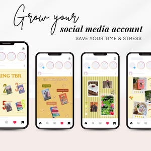 May include: Four smartphones displaying social media posts with book recommendations. The text "Grow your social media account" and "SAVE YOUR TIME & STRESS" are at the top. The posts feature book covers and the text "SPRING TBR" and "Upcoming Reads".