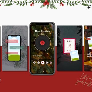 May include: A festive holiday-themed graphic with a red and white background. The image features a smartphone displaying a music player interface with a vinyl record graphic. Additional elements include photo frames, text bubbles, and Christmas decorations.