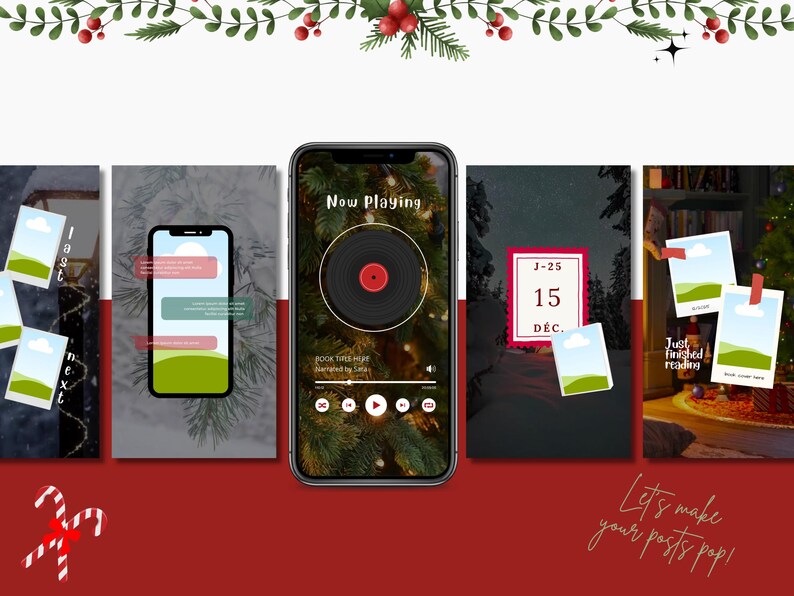 May include: A festive holiday-themed graphic with a red and white background. The image features a smartphone displaying a music player interface with a vinyl record graphic. Additional elements include photo frames, text bubbles, and Christmas decorations.