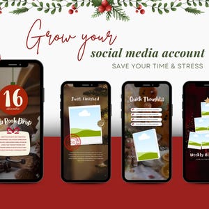 May include: Four smartphones displaying social media content with a Christmas theme. The phones show text that reads "Grow your social media account, Save your time & stress." One phone shows "New Book Drop" and another says "Weekly Highlights Christmas Edition."