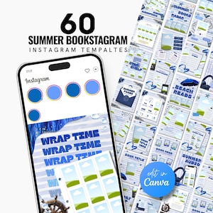 May include: A digital collection of 60 summer-themed Instagram templates for book lovers, displayed on a smartphone screen and in a grid layout. The designs feature blue and white color schemes with nautical elements like ship wheels and beach themes.