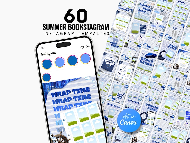 May include: A digital collection of 60 summer-themed Instagram templates for book lovers, displayed on a smartphone screen and in a grid layout. The designs feature blue and white color schemes with nautical elements like ship wheels and beach themes.