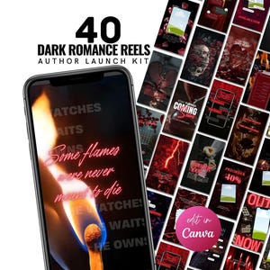 Op de afbeelding: Een digitale marketingkit voor social media reels met 40 dark romance sjablonen. Het hoofdscherm van de smartphone toont een brandende lucifer met de tekst Some flames were never meant to die. De achtergrond toont een raster van rode en zwarte ontwerpen.