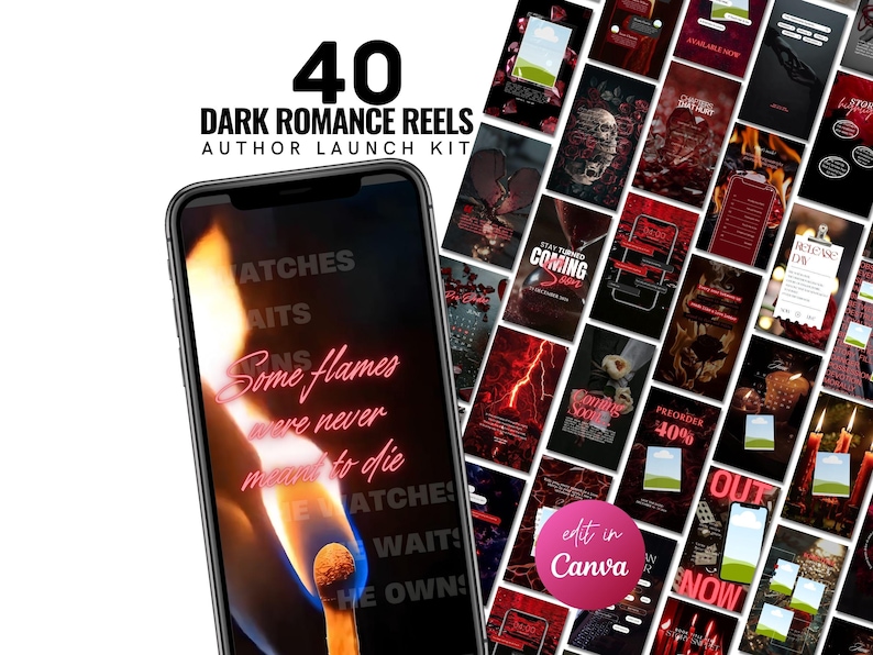 Op de afbeelding: Een digitale marketingkit voor social media reels met 40 dark romance sjablonen. Het hoofdscherm van de smartphone toont een brandende lucifer met de tekst Some flames were never meant to die. De achtergrond toont een raster van rode en zwarte ontwerpen.