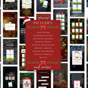 May include: A collection of Christmas-themed digital templates with various designs. A central red rectangle includes text: "INCLUDES" and a list of book-related topics. Other templates feature Christmas trees, clocks, and gift boxes.