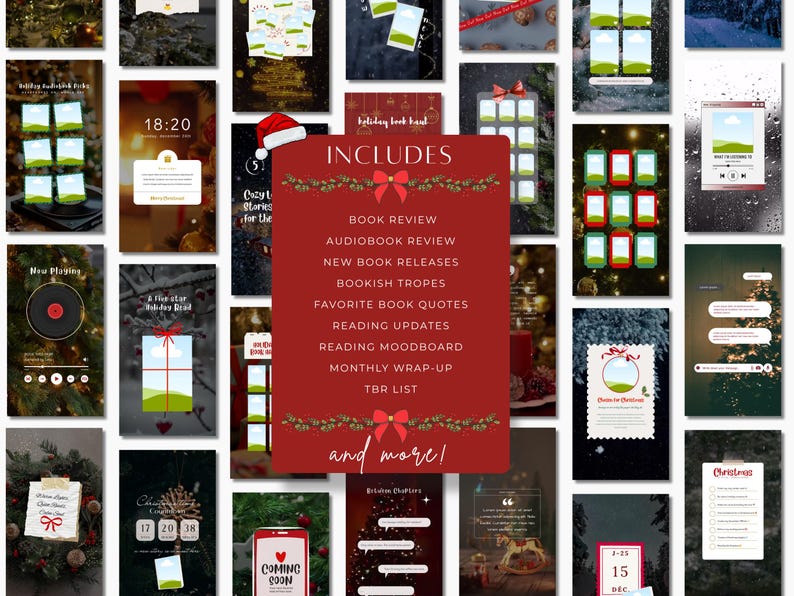 May include: A collection of Christmas-themed digital templates with various designs. A central red rectangle includes text: "INCLUDES" and a list of book-related topics. Other templates feature Christmas trees, clocks, and gift boxes.