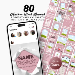 May include: A digital product mockup featuring 80 Bookstagram post templates for author book launches. The design includes a smartphone displaying an Instagram interface and a collection of pink and green templates with text like "Name Reveal" and "Coming Soon."
