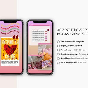 May include: Three smartphones displaying book-themed Instagram stories. The center phone shows a book cover with a red heart and the title "KEEPING 13". Text on the right reads "40 AESTHETIC & TRENDY BOOKSTGRAM STORIES".