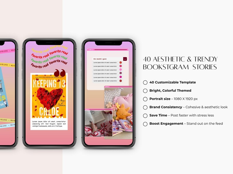 May include: Three smartphones displaying book-themed Instagram stories. The center phone shows a book cover with a red heart and the title "KEEPING 13". Text on the right reads "40 AESTHETIC & TRENDY BOOKSTGRAM STORIES".