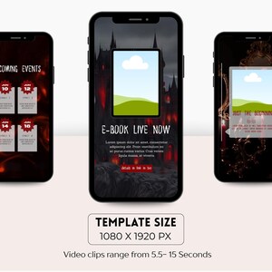 May include: Three smartphones displaying digital content. The center phone shows an "E-BOOK LIVE NOW" graphic with a landscape image. The left phone displays "UPCOMING EVENTS" with dates. The right phone shows "JUST THE BEGINNING". Template size is 1080 x 1920 px.