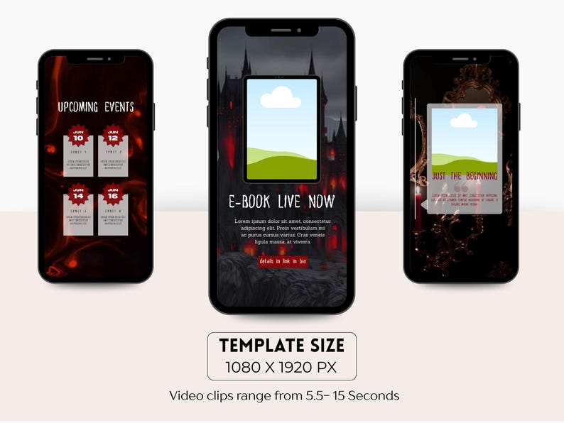 May include: Three smartphones displaying digital content. The center phone shows an "E-BOOK LIVE NOW" graphic with a landscape image. The left phone displays "UPCOMING EVENTS" with dates. The right phone shows "JUST THE BEGINNING". Template size is 1080 x 1920 px.