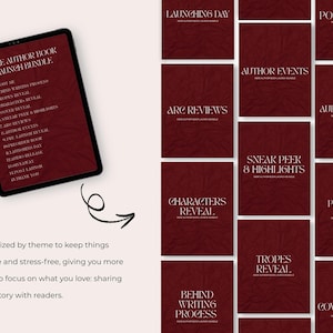 May include: A digital tablet displays the "Indie Author Book Launch Bundle" with a list of topics. Surrounding the tablet are maroon-colored book covers with white text, including "Author Events" and "Cover Reveal." The image promotes author resources.