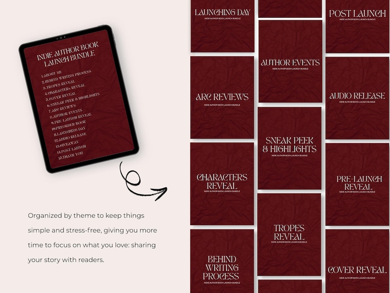 May include: A digital tablet displays the "Indie Author Book Launch Bundle" with a list of topics. Surrounding the tablet are maroon-colored book covers with white text, including "Author Events" and "Cover Reveal." The image promotes author resources.
