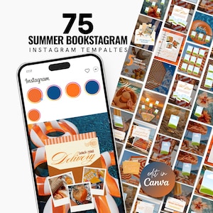 Op de afbeelding: Een smartphone toont een Instagram-interface met oranje en blauwe cirkelvormige pictogrammen. De afbeelding toont 75 Instagram-sjablonen met zomerthema, met een collage van strandafbeeldingen en de tekst "Summer Bookstagram Instagram Templates."