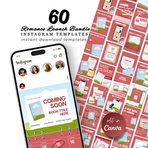 Puede incluir: Un teléfono inteligente muestra una interfaz de Instagram con una plantilla de lanzamiento de libro "Coming Soon". Una colección de 60 plantillas de Instagram en un esquema de color rojo y blanco se organiza en una superficie, promocionando un lanzamiento de libro romántico.