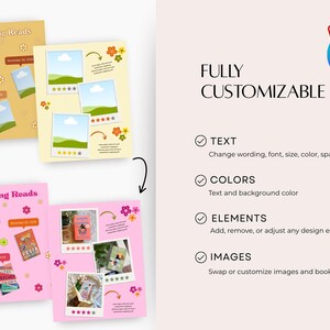 May include: A promotional image for customizable book templates. The image features three mockups of book review layouts in yellow and pink, with the text "Upcoming Reads." Additional text highlights the templates' features: text, colors, elements, and images.