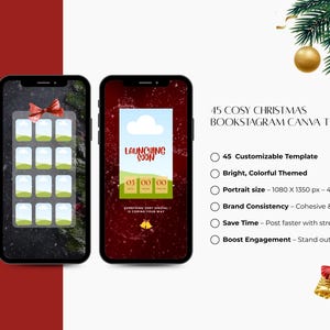 May include: Image features three smartphones displaying Christmas-themed Instagram templates. The text reads "45 Cosy Christmas Bookstagram Canva Templates." The templates include a countdown, photo grids, and festive ribbons. Additional text highlights features like bright colors and engagement.