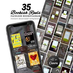 May include: A smartphone displays book covers and Instagram templates. The text reads "35 Bookish Reels, Faceless Bookstagram, instant download templates." Additional templates are in the background. The Canva logo is visible.