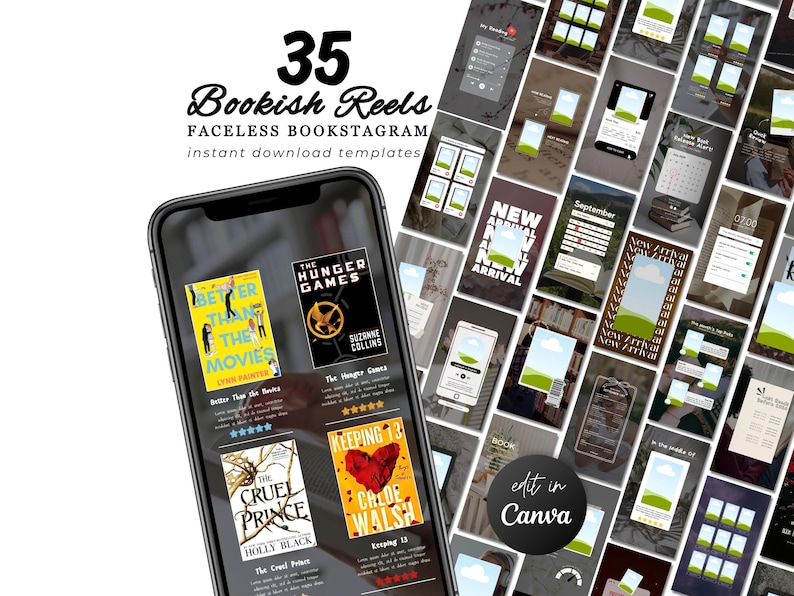 May include: A smartphone displays book covers and Instagram templates. The text reads "35 Bookish Reels, Faceless Bookstagram, instant download templates." Additional templates are in the background. The Canva logo is visible.
