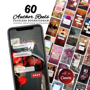 Könnte beinhalten: Ein Smartphone zeigt 60 Author Reels Vorlagen für Faceless Bookstagram. Die Vorlagen haben verschiedene Designs mit Textüberlagerungen, darunter "edit in Canva". Das Telefon befindet sich in der Nähe eines Autos mit roten Rosen.
