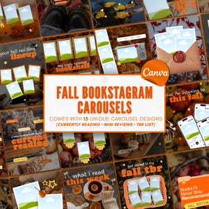 May include: A digital template collection titled FALL BOOKSTAGRAM CAROUSELS featuring 15 unique designs for social media. The graphics display autumn-themed imagery, including pumpkins, leaves, and cozy reading setups, with placeholders for photos and text.