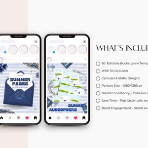 May include: Three smartphone screens displaying social media templates with blue and white graphics, including text reading SUMMER PAGES and SUMMER AUDIOPICKS. A list titled WHAT'S INCLUDED details 60 editable templates, 10 carousels, and 1080x1380 px size.