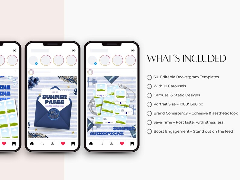 May include: Three smartphone screens displaying social media templates with blue and white graphics, including text reading SUMMER PAGES and SUMMER AUDIOPICKS. A list titled WHAT'S INCLUDED details 60 editable templates, 10 carousels, and 1080x1380 px size.