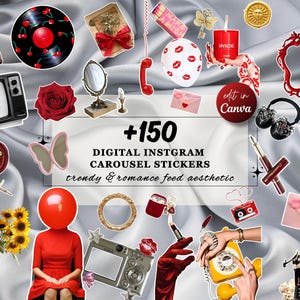 Op de afbeelding: Een collage van digitale Instagram carrousel stickers met een trendy en romantisch thema. De afbeelding bevat verschillende elementen zoals een rode roos, een vintage televisie, een grammofoonplaat en een rode telefoon. De tekst op de afbeelding luidt "+150 DIGITAL INSTAGRAM CAROUSEL STICKERS".