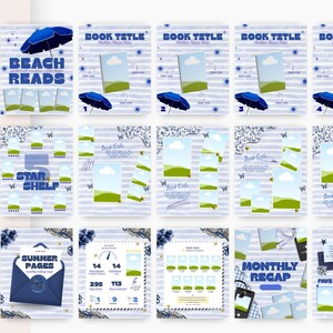 May include: A collection of fifteen digital templates for book tracking and reading logs, featuring a light blue and white striped background with blue sun icons, beach umbrellas, and placeholders for book covers and text.