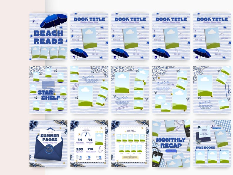 May include: A collection of fifteen digital templates for book tracking and reading logs, featuring a light blue and white striped background with blue sun icons, beach umbrellas, and placeholders for book covers and text.