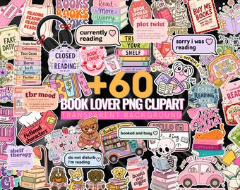 本好きのためのクリップアートセット　読書をテーマにしたPNGステッカー、本に関する名言、マグカップ、シャツ、トートバッグ、プランナー、しおり用の昇華プリントデザイン