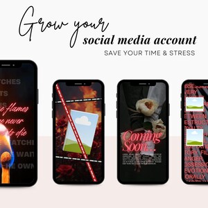 Op de afbeelding: Vier smartphones met social media sjablonen en tekstoverlays. De eerste toont een lucifervlam, de tweede een boekafbeelding, de derde witte bloemen en de vierde een raster met afbeeldingsplaatsaanduidingen. Tekst: Grow your social media account.