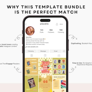 May include: A smartphone screen displays an Instagram profile with the text "WHY THIS TEMPLATE BUNDLE IS THE PERFECT MATCH." The profile showcases book-themed content layouts. Text highlights "Made for book lovers," "Captivating, Bookish Visual Appeal," and "Easy to Use."