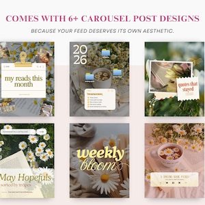 May include: A collection of six carousel post designs with a floral and book theme. The designs include text overlays such as "my reads this month", "quotes that stayed", "May Hopefuls", and "weekly bloom". The text "COMES WITH 6+ CAROUSEL POST DESIGNS" is at the top.