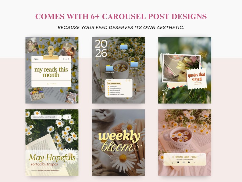 May include: A collection of six carousel post designs with a floral and book theme. The designs include text overlays such as "my reads this month", "quotes that stayed", "May Hopefuls", and "weekly bloom". The text "COMES WITH 6+ CAROUSEL POST DESIGNS" is at the top.