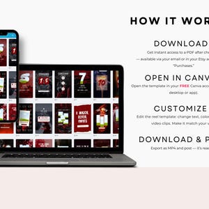 May include: A laptop and smartphone display a series of social media templates with countdown timers. The screen shows the text "HOW IT WORKS", "DOWNLOAD", "OPEN IN CANVA", "CUSTOMIZE", and "DOWNLOAD & POST".