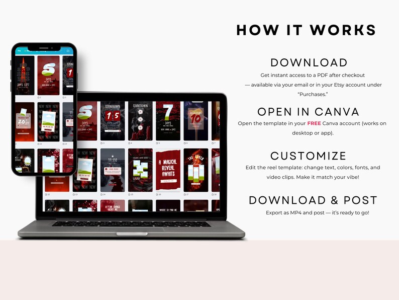 May include: A laptop and smartphone display a series of social media templates with countdown timers. The screen shows the text "HOW IT WORKS", "DOWNLOAD", "OPEN IN CANVA", "CUSTOMIZE", and "DOWNLOAD & POST".