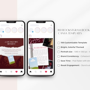 May include: Three smartphones displaying Instagram templates for a book launch. The templates feature a burgundy and white color scheme with text that reads "A LINE THAT HITS DIFFERENT" and "BLURB REVEAL". The right phone shows a list of features.