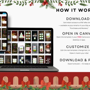 May include: A laptop and smartphone display a variety of digital templates. The screen shows a step-by-step guide: Download, Open in Canva, Customize, and Download & Post. Festive holiday decorations frame the top and bottom.
