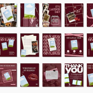 May include: A collection of fifteen social media templates in a deep maroon color palette, featuring book cover graphics with a blue sky and green hill illustration, alongside text overlays like Launch Day, Giveaway, and Thank You.
