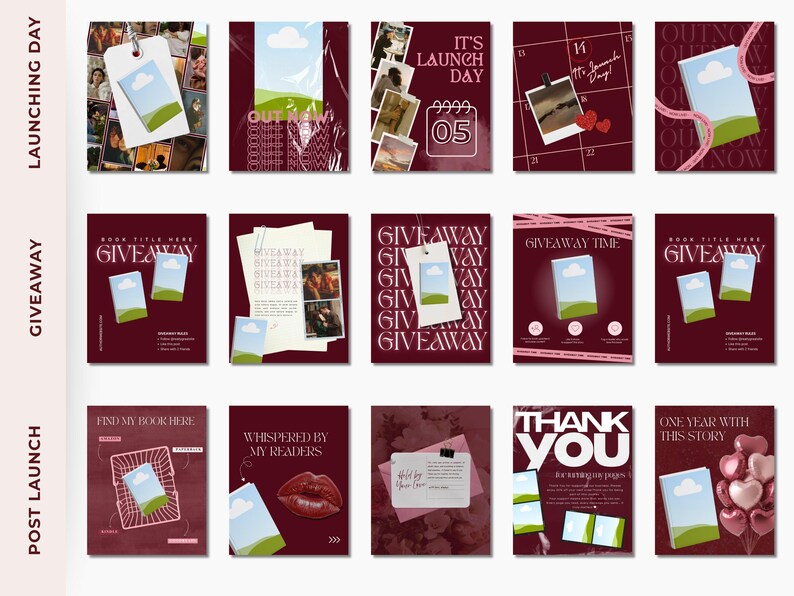 May include: A collection of fifteen social media templates in a deep maroon color palette, featuring book cover graphics with a blue sky and green hill illustration, alongside text overlays like Launch Day, Giveaway, and Thank You.