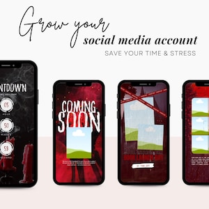 May include: Four smartphones displaying social media templates. The first shows a countdown timer with candles and smoke. The second says "COMING SOON." The third and fourth show image placeholders. Text reads "Grow your social media account" and "SAVE YOUR TIME & STRESS."