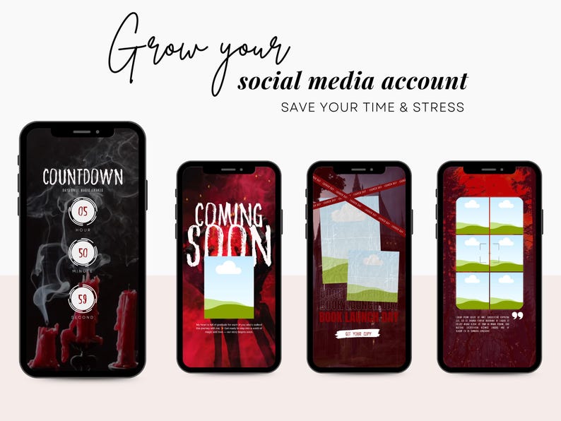 May include: Four smartphones displaying social media templates. The first shows a countdown timer with candles and smoke. The second says "COMING SOON." The third and fourth show image placeholders. Text reads "Grow your social media account" and "SAVE YOUR TIME & STRESS."