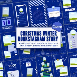 Può includere: Una raccolta di 45 modelli digitali per storie Instagram blu con temi natalizi e invernali. I design includono conti alla rovescia, liste di lettura, layout per recensioni di libri e grafiche per playlist con motivi di fiocchi di neve.