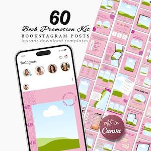 May include: A pink Bookstagram post kit with 60 templates. The image shows a smartphone displaying an Instagram interface, surrounded by various pink promotional templates. Text includes "Book Promotion Kit" and "Edit in Canva."