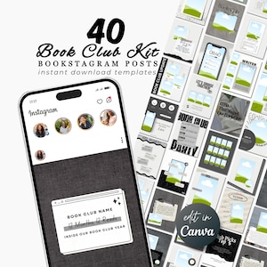 Puede incluir: Un producto digital con 40 plantillas de publicaciones de Instagram Book Club Kit. La imagen muestra un teléfono inteligente que muestra una interfaz de Instagram y una colección de plantillas con acentos verdes y blancos. El texto incluye "Book Club Kit" y "Edit in Canva."