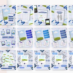 May include: A collection of fifteen digital social media templates featuring a light blue and white striped background with blue ribbon accents. The templates include various layouts for book reviews, reading lists, and audio recommendations.