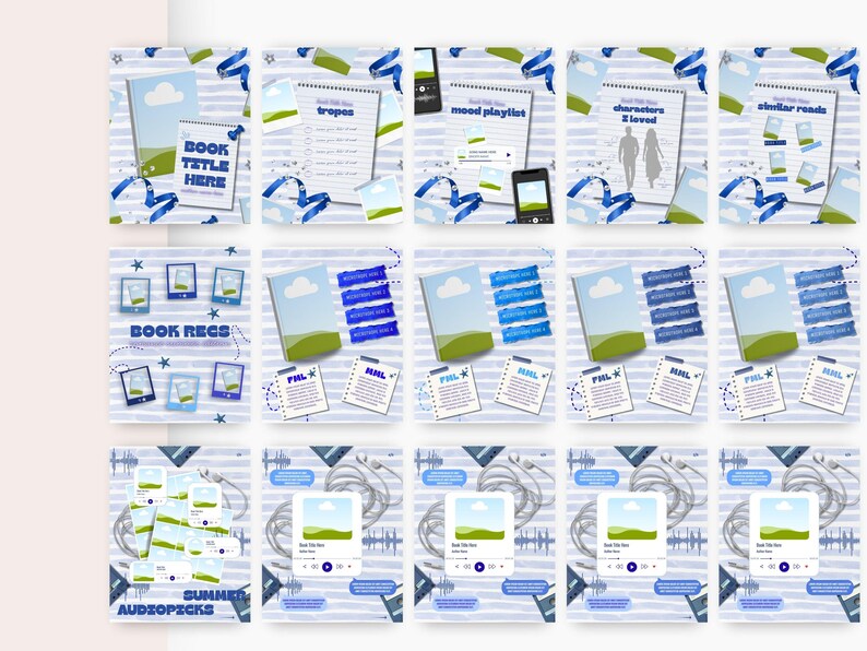 May include: A collection of fifteen digital social media templates featuring a light blue and white striped background with blue ribbon accents. The templates include various layouts for book reviews, reading lists, and audio recommendations.